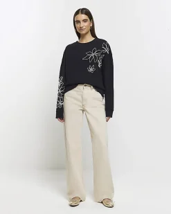 River Island embroidered floral sweatshirt Black Clearance