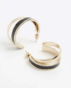 River Island Enamel Double Hoop Earrings Black Hot