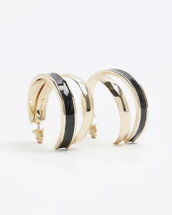 River Island Enamel Double Hoop Earrings Black Hot
