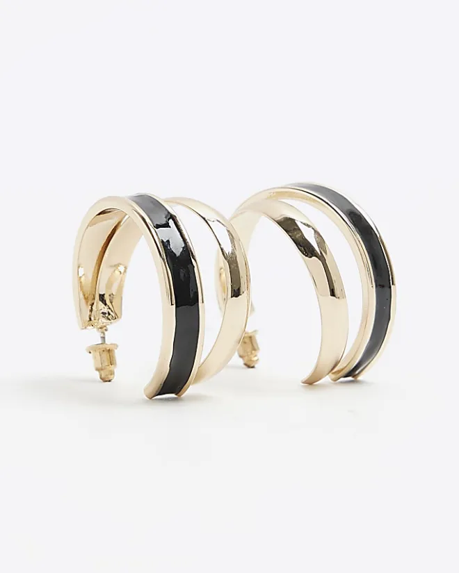 River Island Enamel Double Hoop Earrings Black Hot