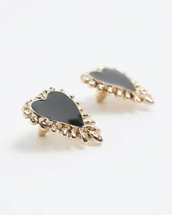 River Island Enamel Heart Stud Earrings Black Outlet