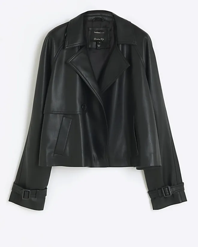 River Island faux leather crop trench coat Black Best