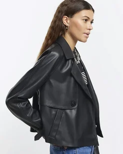 River Island faux leather crop trench coat Black Best