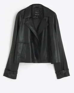 River Island faux leather crop trench coat Black Best
