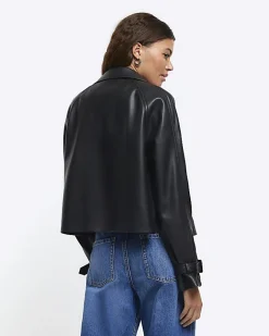 River Island faux leather crop trench coat Black Best