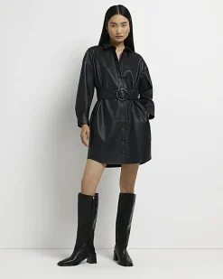 River Island faux leather mini shirt dress Black Fashion