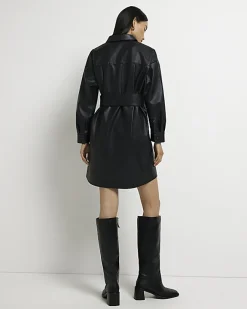 River Island faux leather mini shirt dress Black Fashion