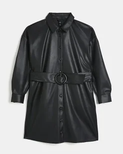 River Island faux leather mini shirt dress Black Fashion