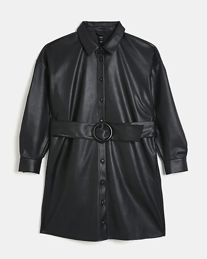 River Island faux leather mini shirt dress Black Fashion