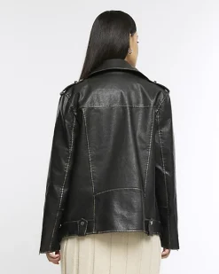 River Island faux leather Oversized Biker Jacket Black Outlet