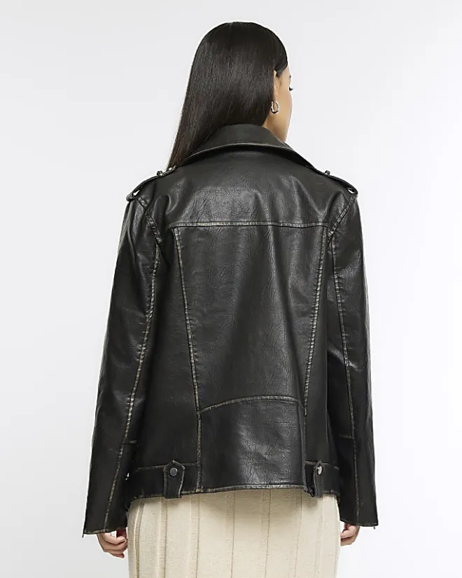River Island faux leather Oversized Biker Jacket Black Outlet