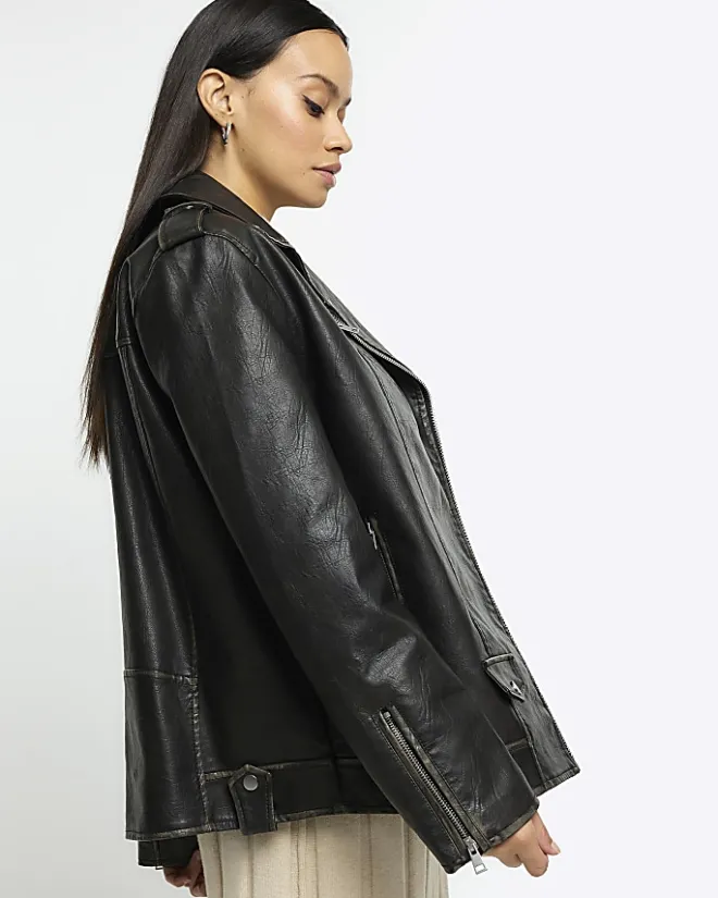 River Island faux leather Oversized Biker Jacket Black Outlet