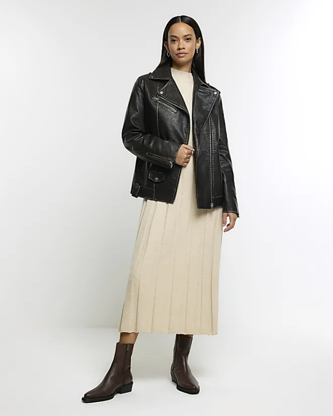 River Island faux leather Oversized Biker Jacket Black Outlet