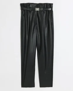 River Island faux leather paperbag trousers Black Hot