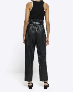 River Island faux leather paperbag trousers Black Hot