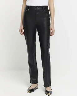 River Island faux leather straight trousers Black Discount