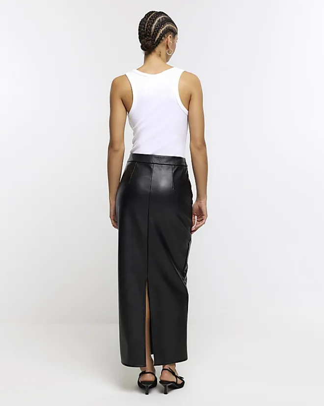 River Island faux leather tailored maxi skirt Black New