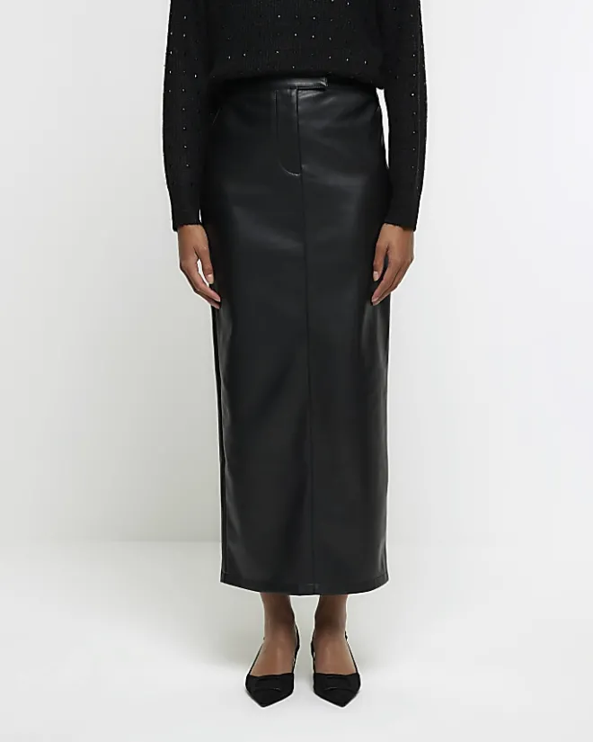 River Island faux leather tailored midi skirt Black Best