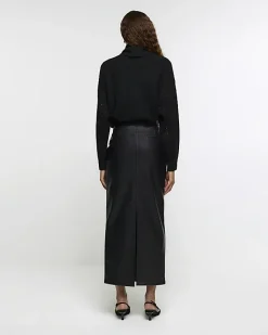 River Island faux leather tailored midi skirt Black Best