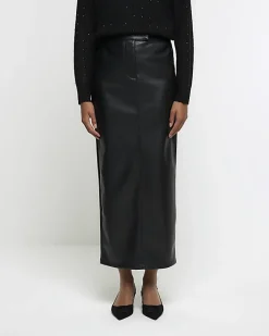River Island faux leather tailored midi skirt Black Best