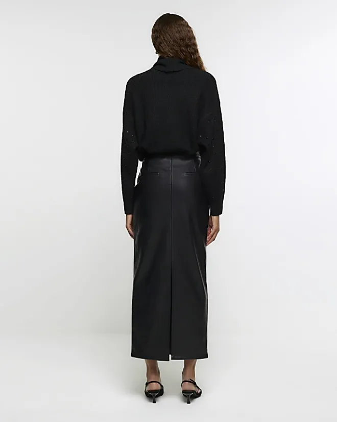 River Island faux leather tailored midi skirt Black Best