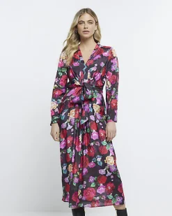 River Island floral long sleeve midi dress Black Best