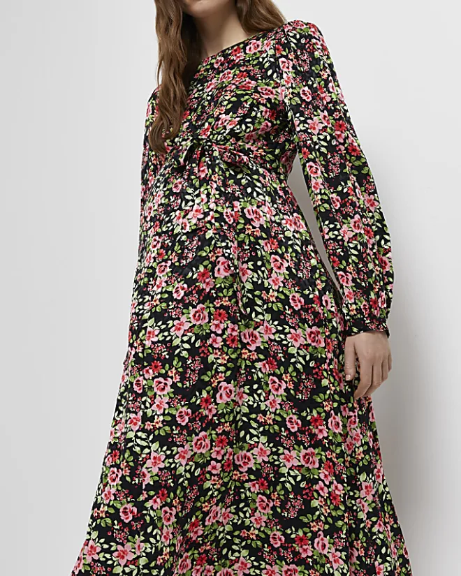 River Island floral maternity midi dress Black New