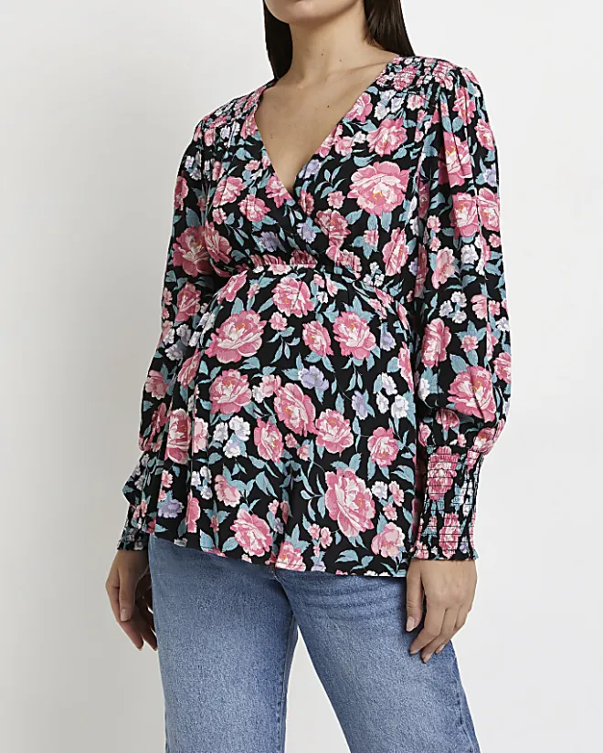 River Island floral maternity wrap top Black Online