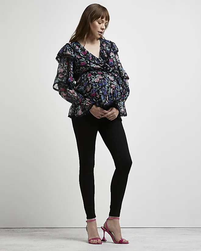 River Island floral print maternity blouse Black New