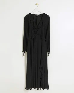 River Island frill plisse sleeve swing midi dress Black New