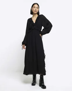River Island frill plisse sleeve swing midi dress Black New