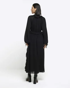 River Island frill plisse sleeve swing midi dress Black New
