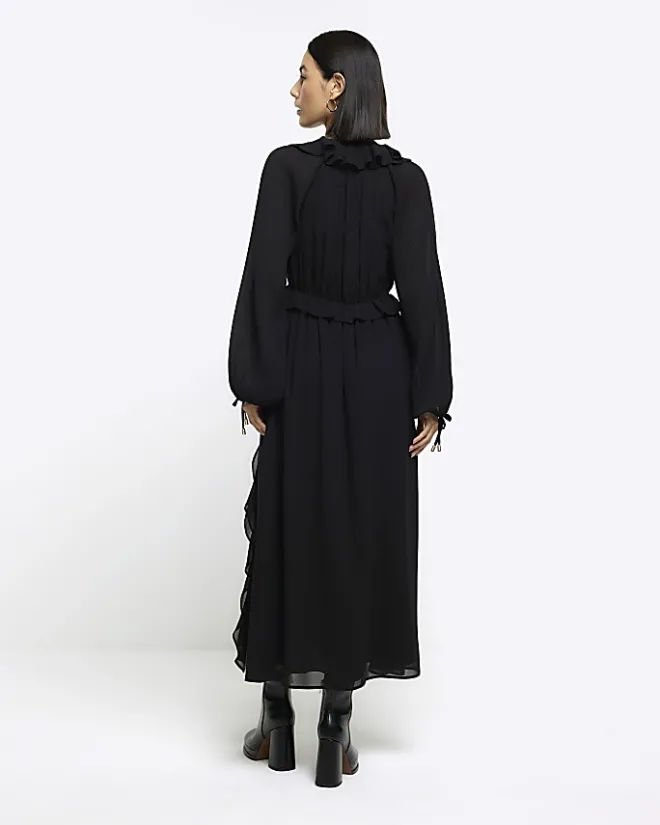 River Island frill plisse sleeve swing midi dress Black New