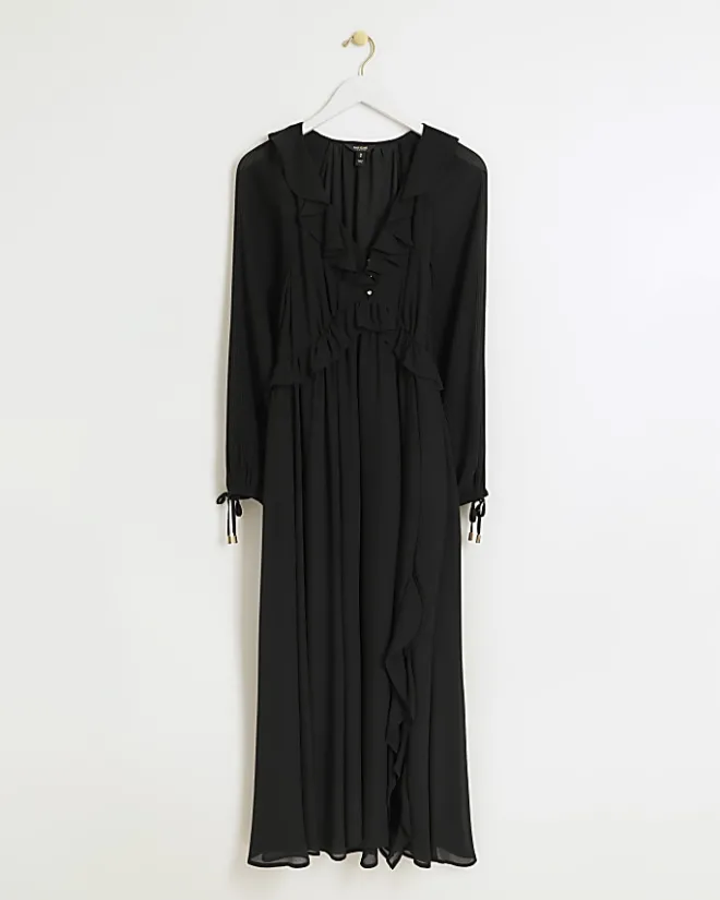 River Island frill plisse sleeve swing midi dress Black New