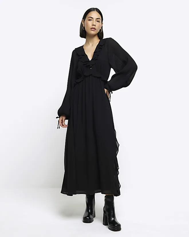 River Island frill plisse sleeve swing midi dress Black New