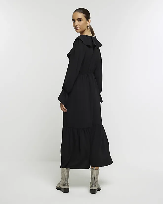River Island frill swing maxi dress Black Fashion