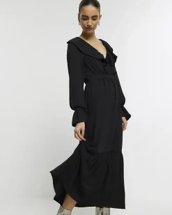 River Island frill swing maxi dress Black Fashion