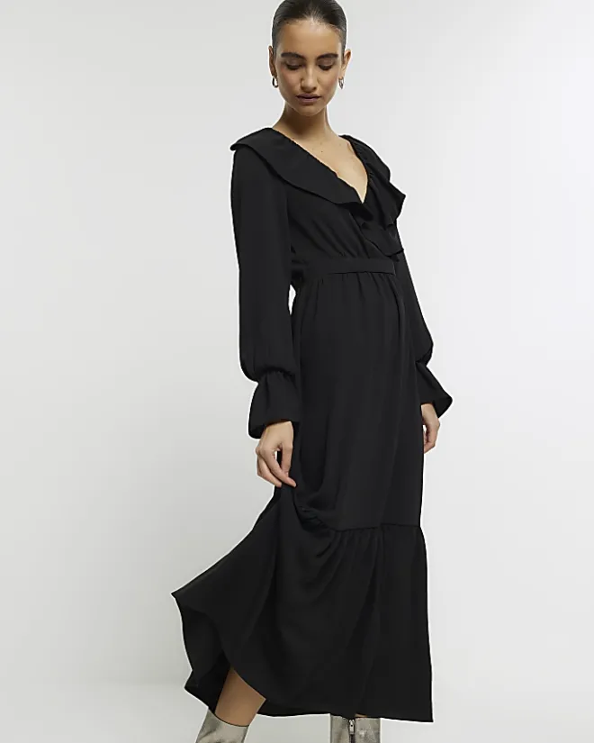 River Island frill swing maxi dress Black Fashion