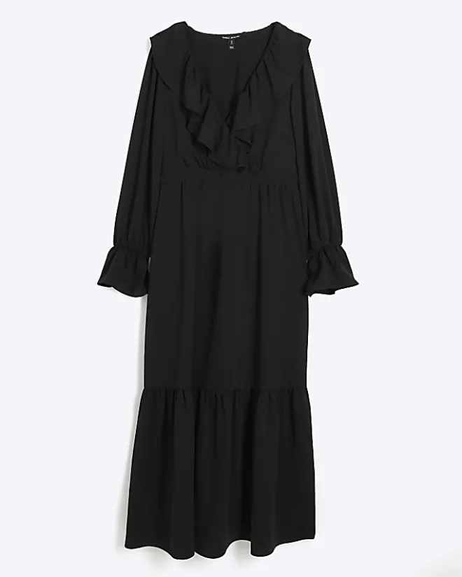 River Island frill swing maxi dress Black Fashion