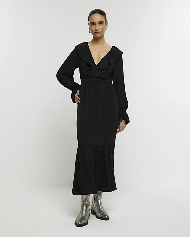 River Island frill swing maxi dress Black Fashion