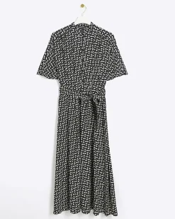 River Island geometric belted midi shirt dress Black Online