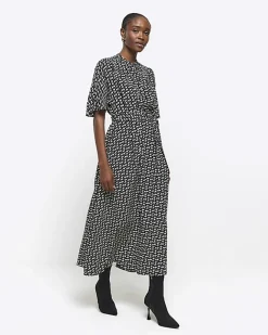River Island geometric belted midi shirt dress Black Online