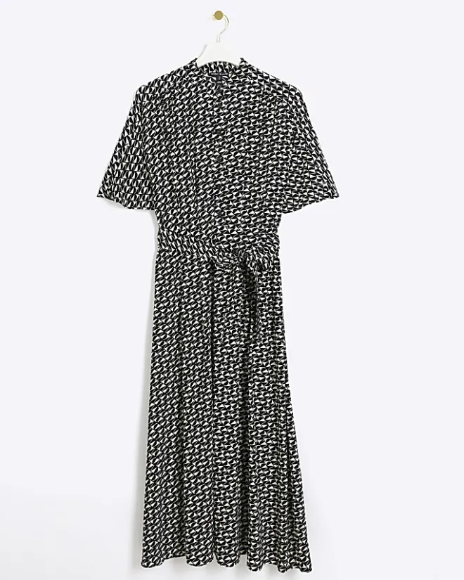 River Island geometric belted midi shirt dress Black Online
