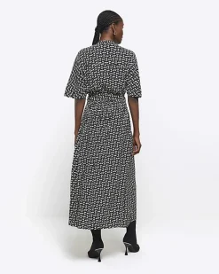 River Island geometric belted midi shirt dress Black Online