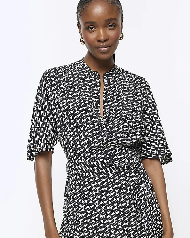 River Island geometric belted midi shirt dress Black Online