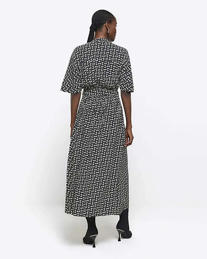 River Island geometric belted midi shirt dress Black Online