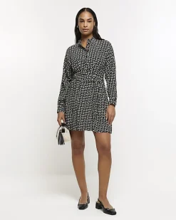 River Island geometric belted mini shirt dress Black Sale
