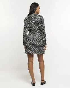River Island geometric belted mini shirt dress Black Sale