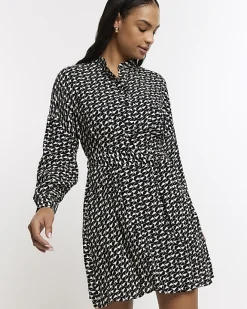 River Island geometric belted mini shirt dress Black Sale