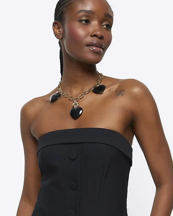 River Island Heart Collar Necklace Black New